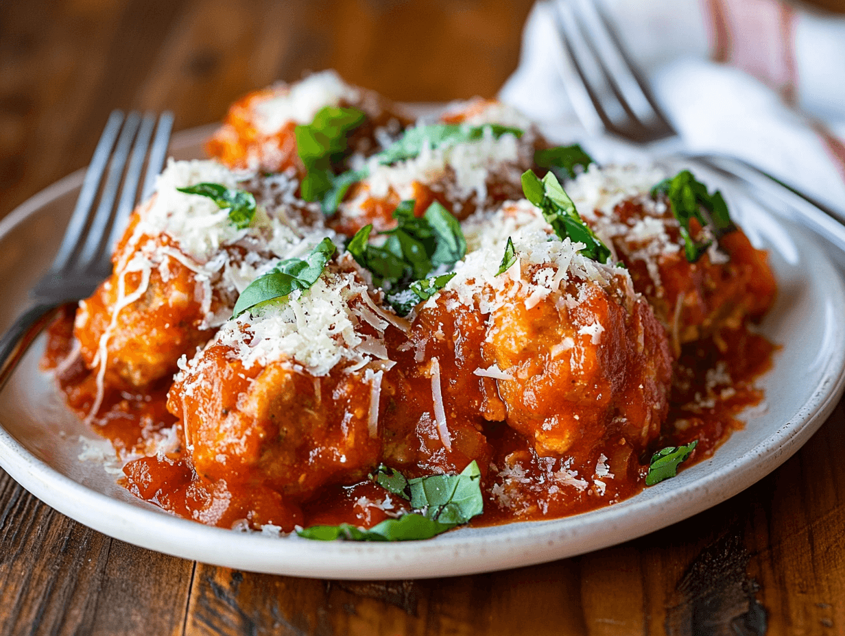 A plate of ricotta meatballs with marinara sauce.