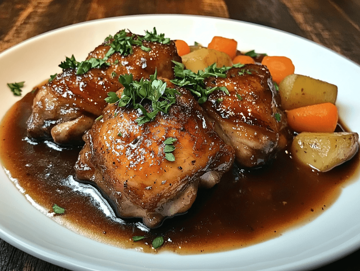 A steaming plate of braised chicken with vegetables.
