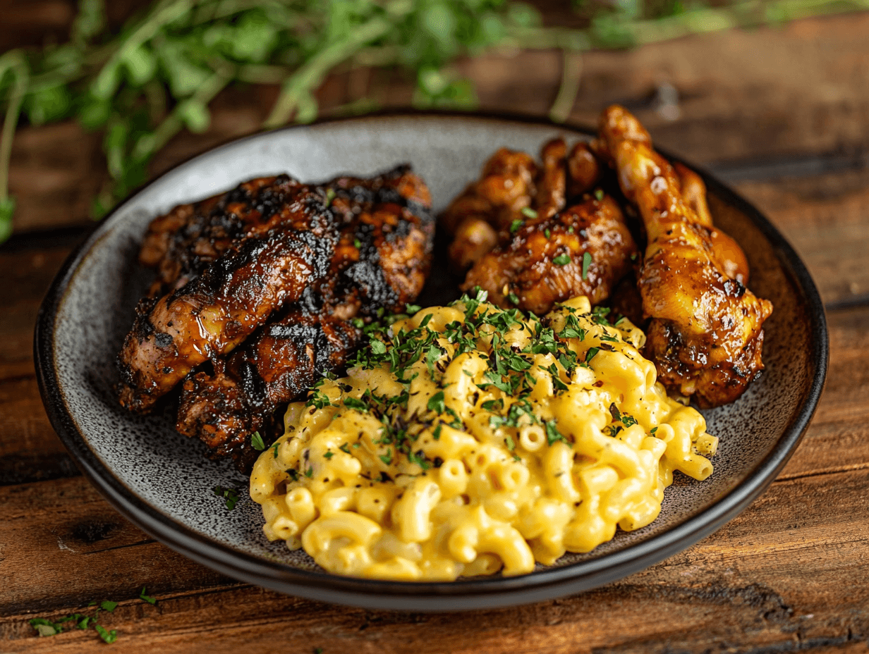 A serving of mac and cheese with jerk chicken and Chinese chicken.