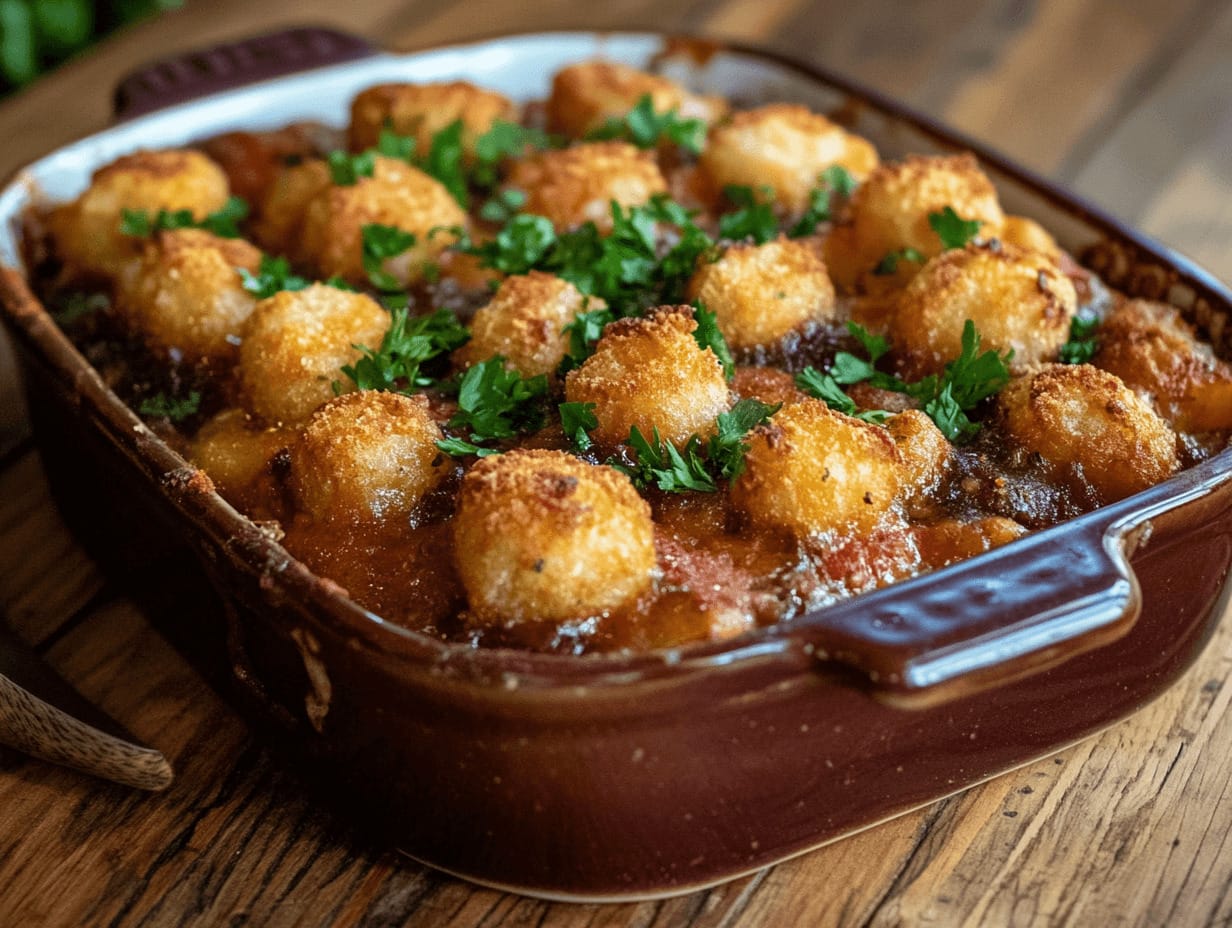 Freshly baked cowboy casserole with crispy tater tots on a wooden table.