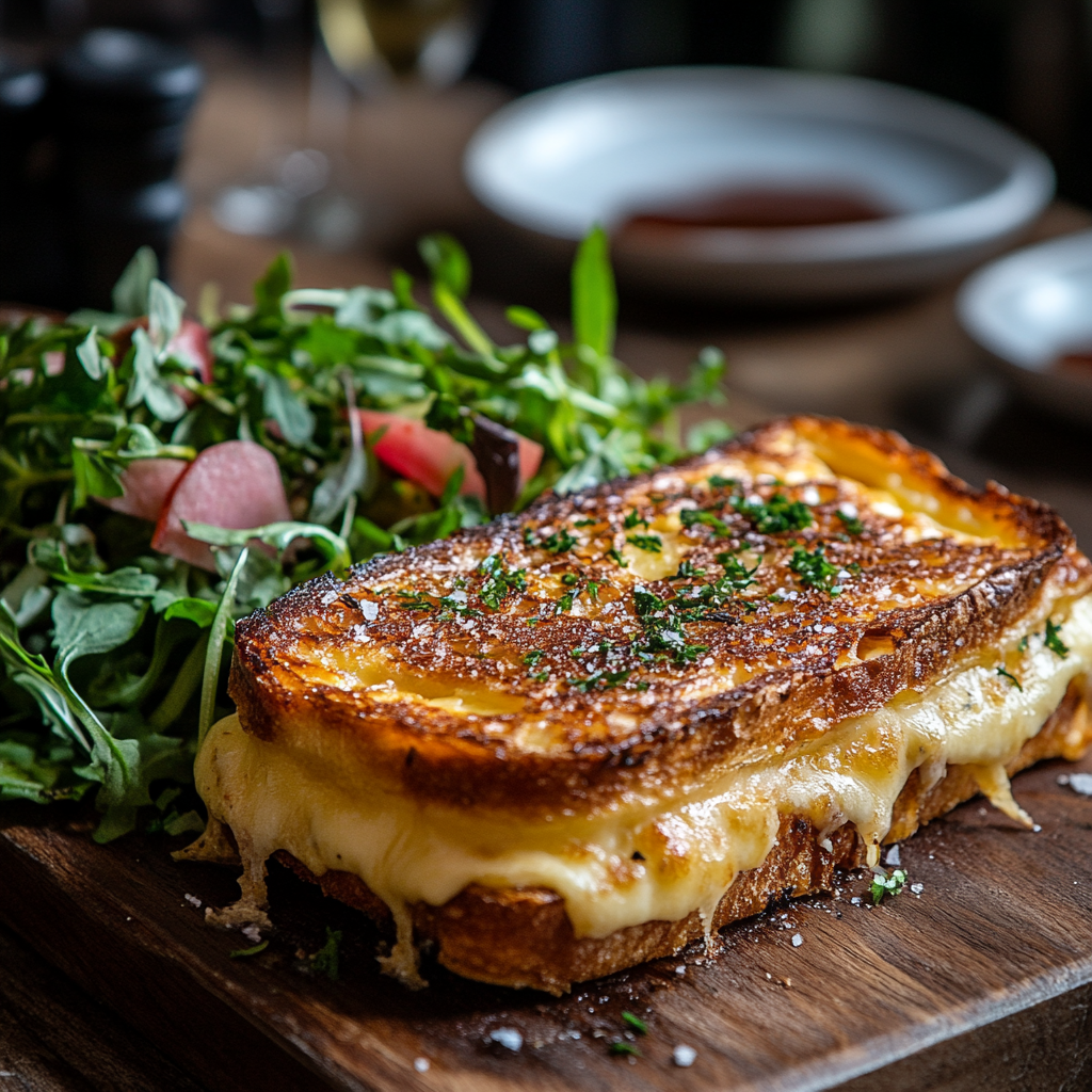 A golden-brown Croque-Monsieur on a wooden serving board with a side of greens.