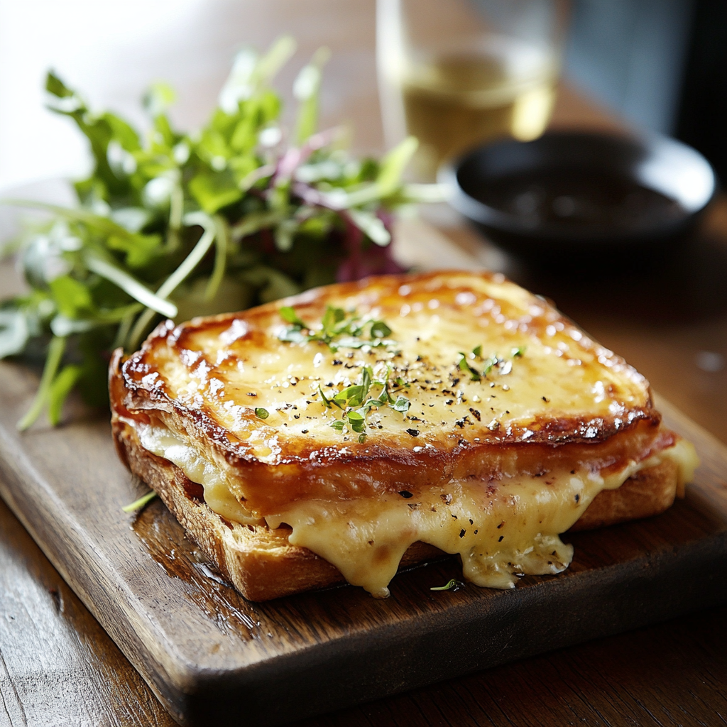 Croque-Monsieur with wine and salad.