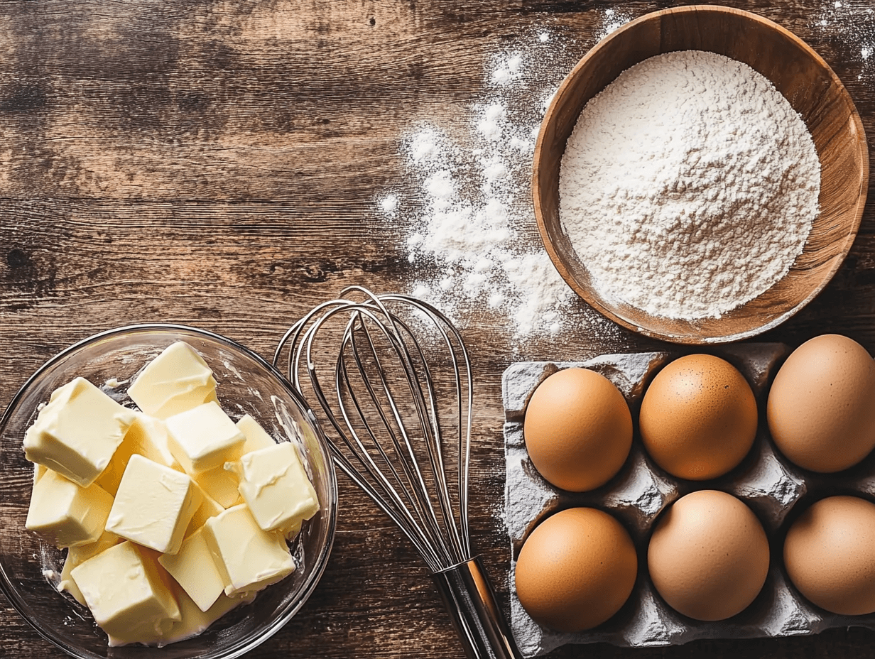 A top-down view of eggs, flour, sugar, butter, and a whisk on a wooden countertop.