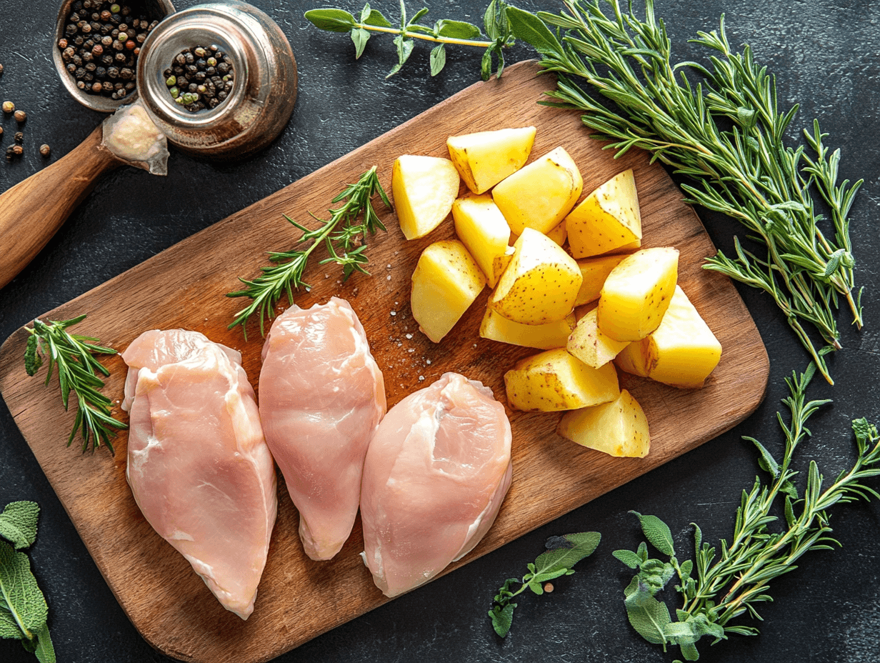 Raw chicken breasts and diced potatoes on a wooden cutting board with herbs.