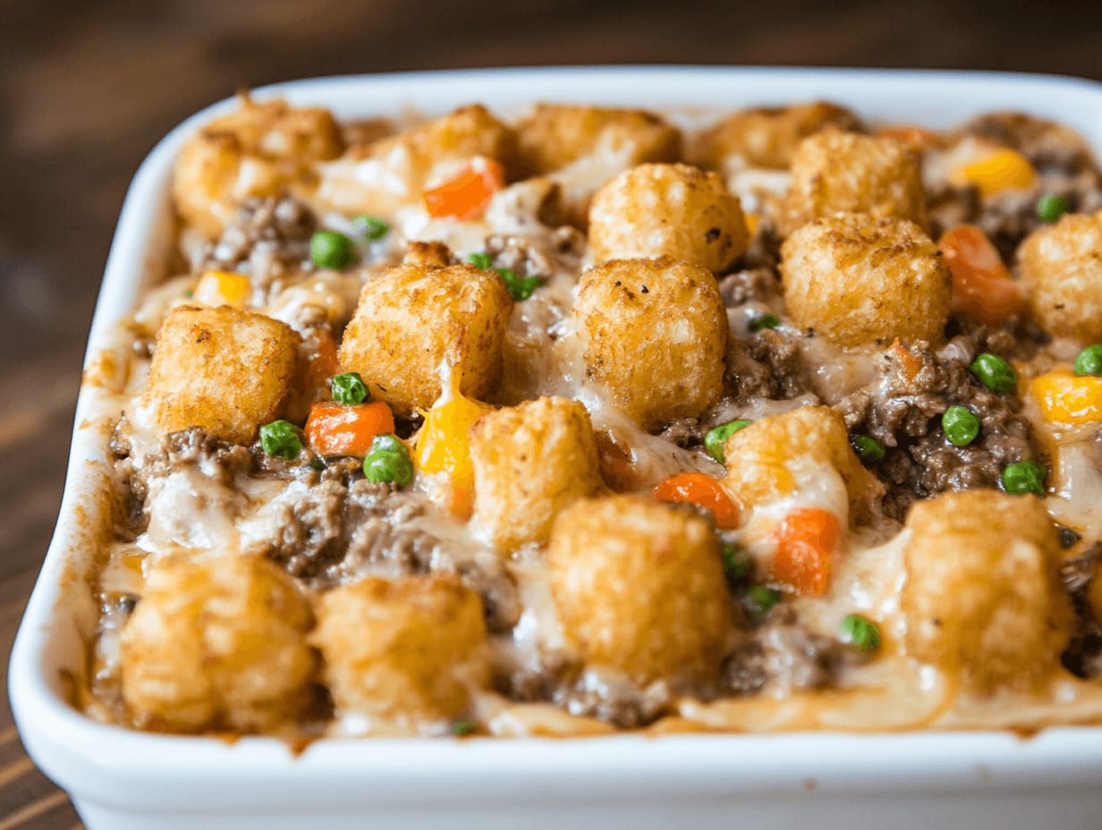 Classic tater tot hotdish with ground beef, vegetables, and crispy tater tots on top.