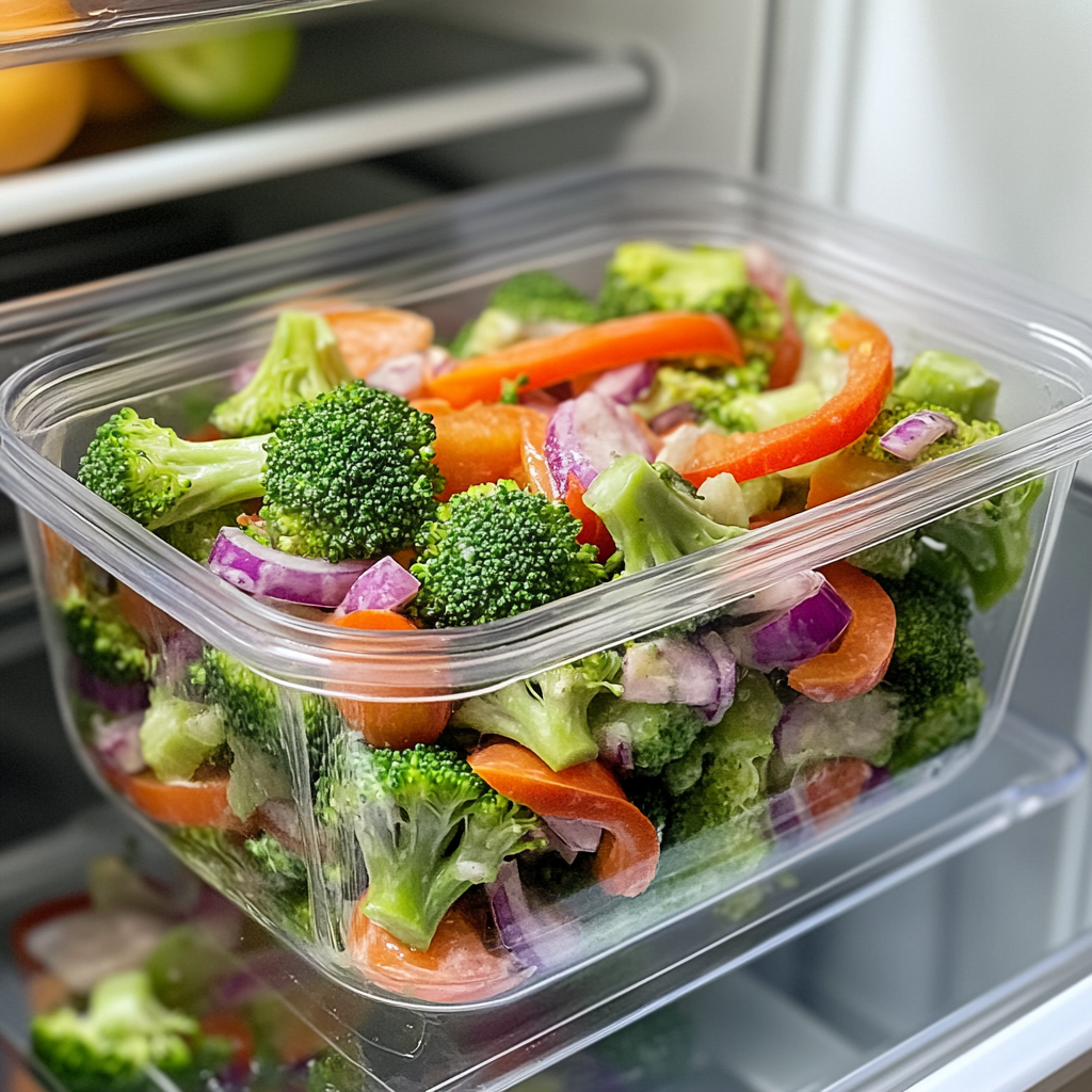 Broccoli salad stored in an airtight container in a fridge