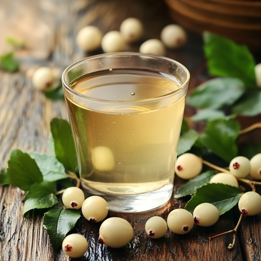 A glass of white cranberry juice on a wooden table with fresh white cranberries.