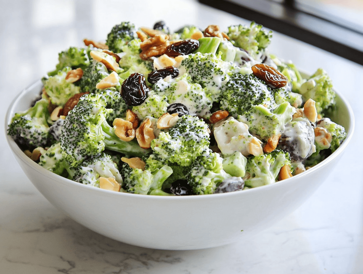 Why does broccoli salad get watery with vegetables and dressing shown in a bowl