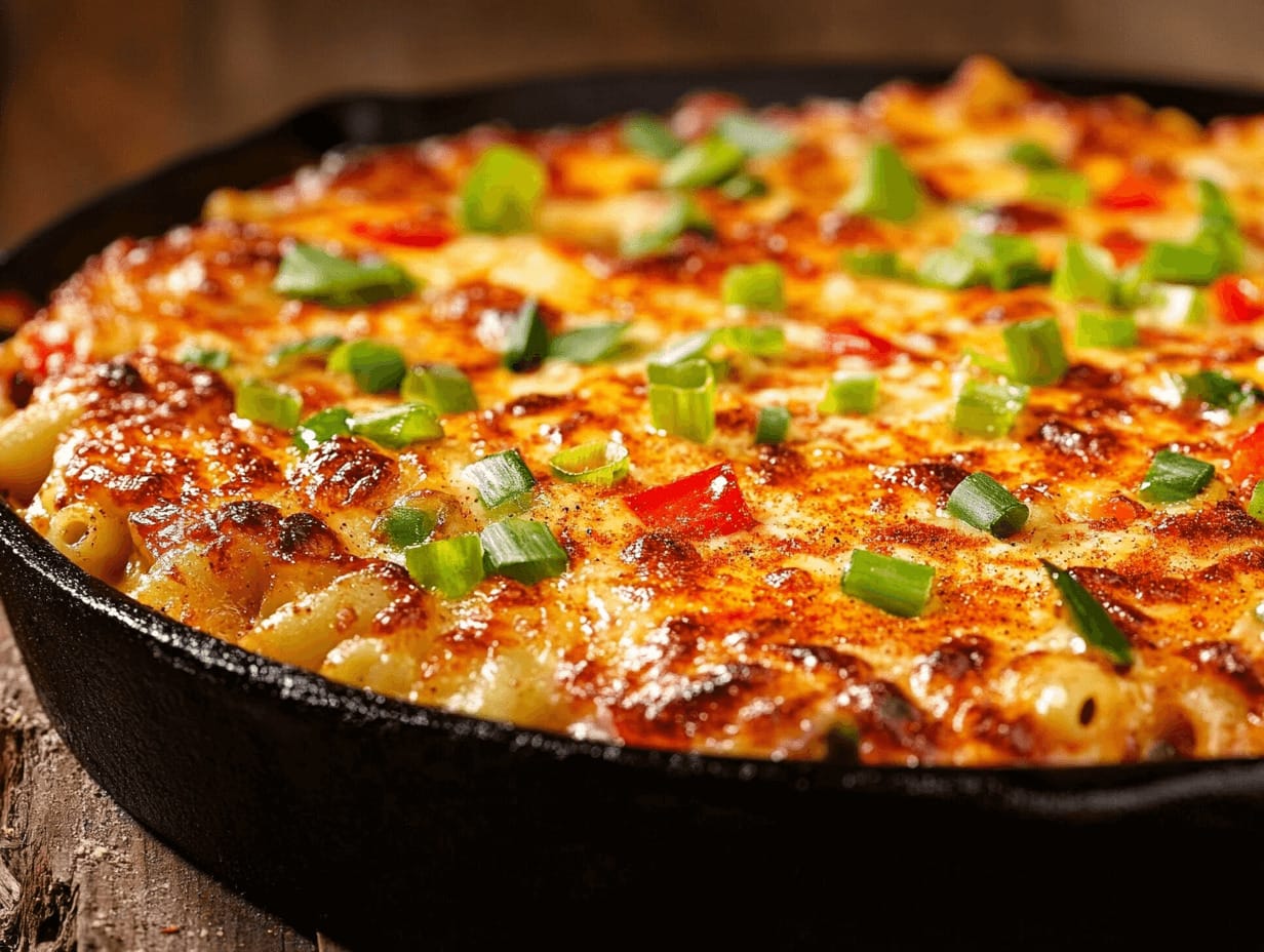 Cajun Mac and Cheese served in a skillet with a golden crust and garnished with green onions.