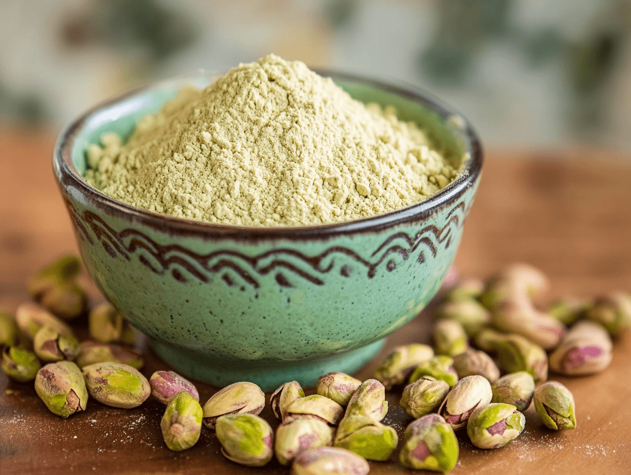 A bowl of vibrant green pistachio flour surrounded by pistachio nuts.
