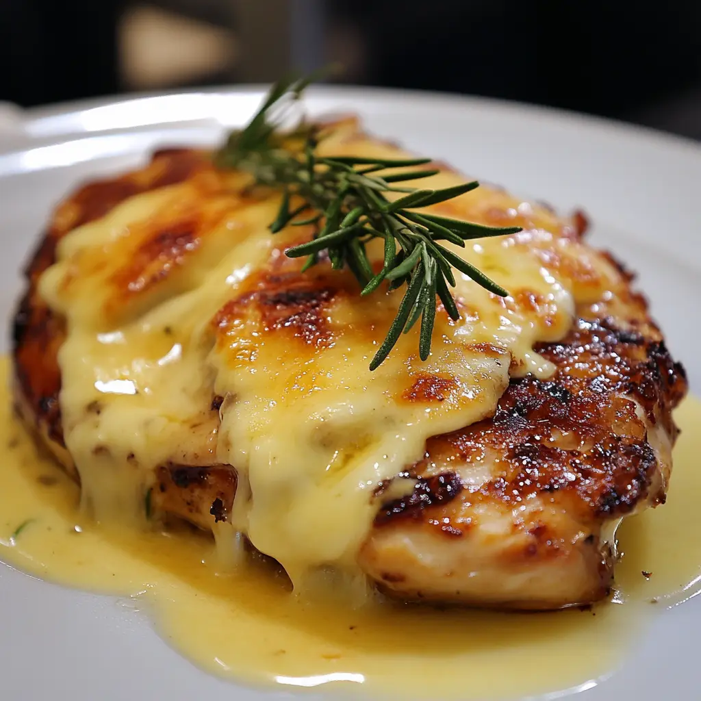 A juicy chicken steak topped with creamy melted cheese, served with roasted vegetables.