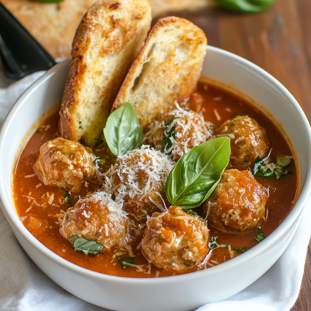  Italian chicken meatball soup featuring pasta, basil, and Parmesan, with a breadstick on the side.