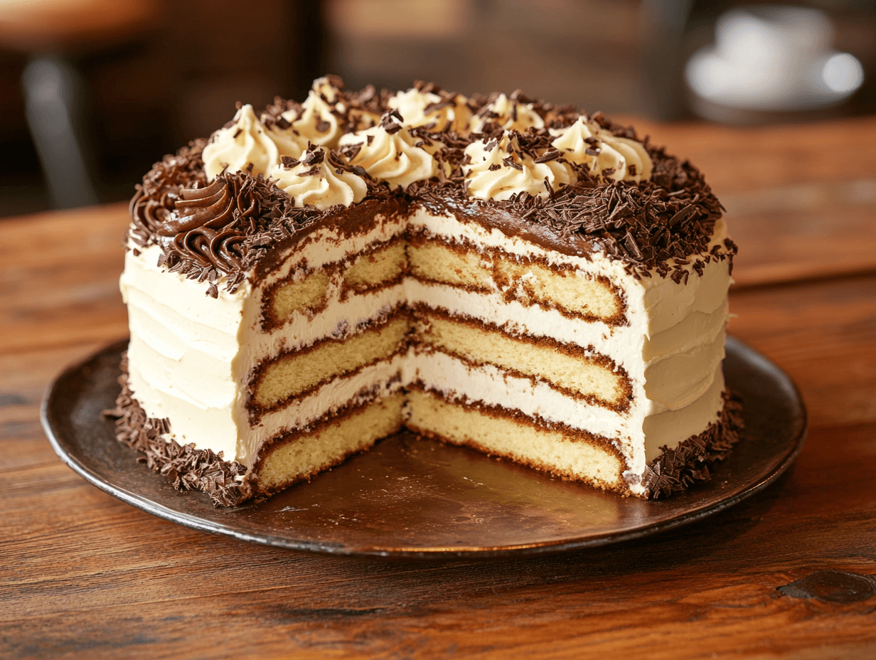 Tiramisu cake with frosting options, ganache and buttercream, displayed elegantly.