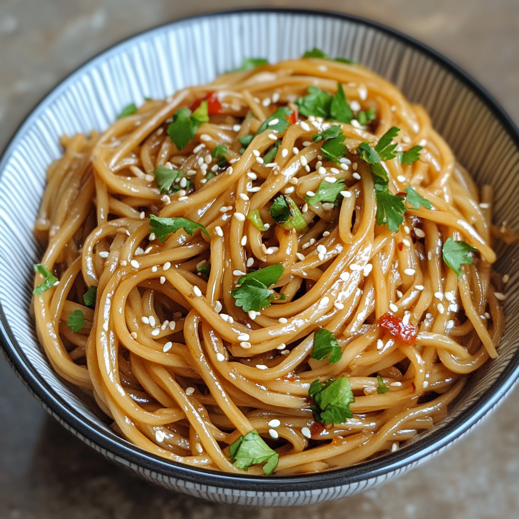 A bowl of steaming Asian garlic noodles garnished with green onions and sesame seeds.