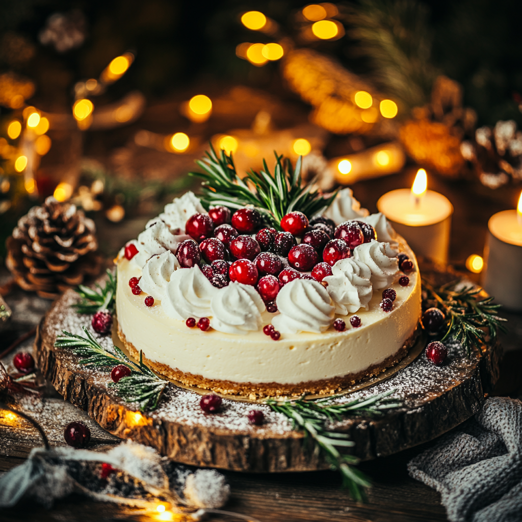 Festive Christmas cheesecake decorated with whipped cream and berries