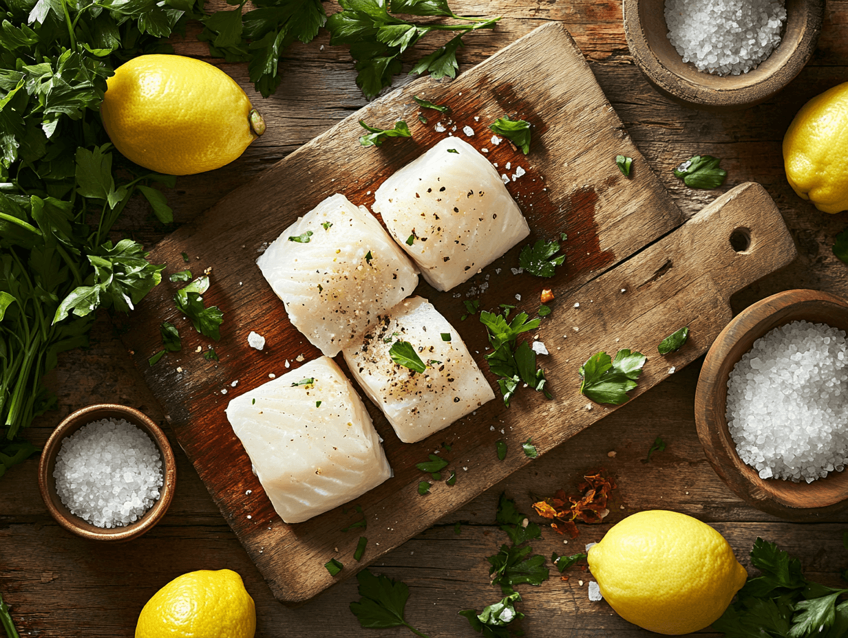 Fresh halibut fillets on a wooden cutting board with seasoning ingredients.