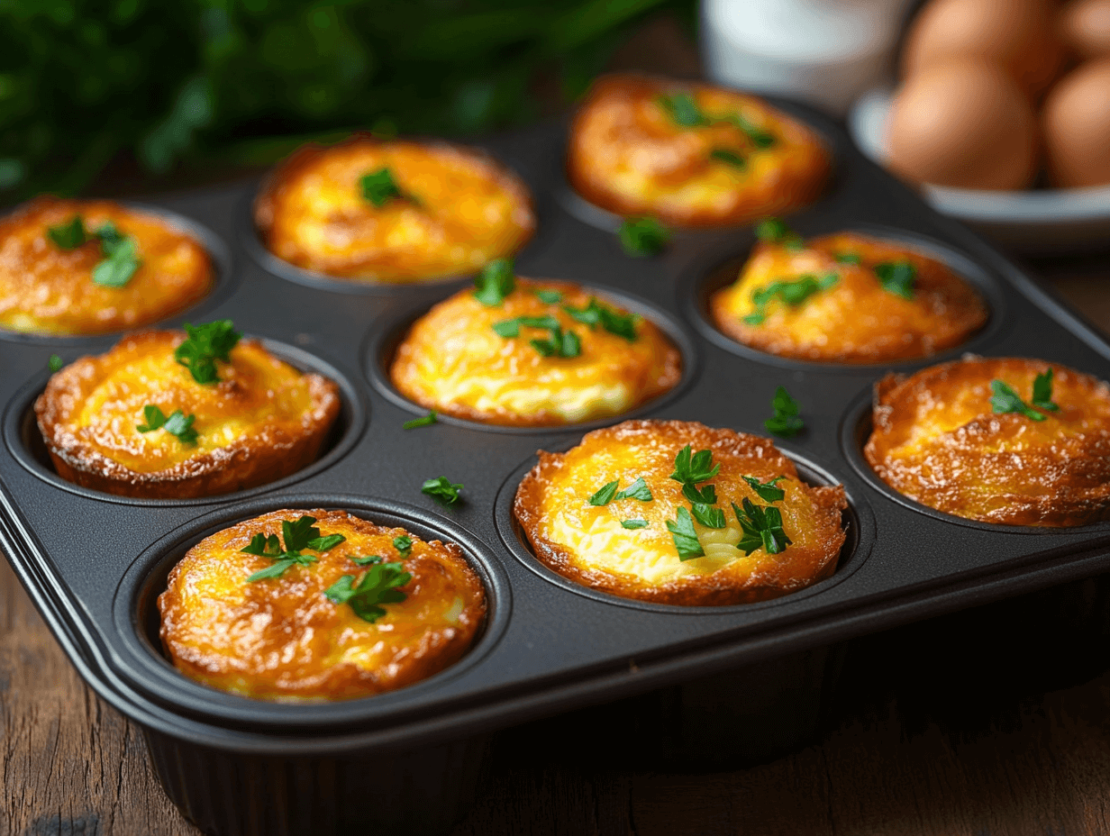 Freshly baked egg cupcakes with yogurt in a muffin tin garnished with parsley.