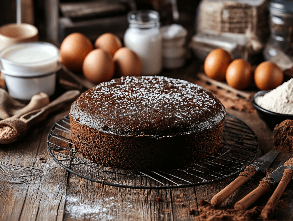 A chocolate cake on a cooling rack with yogurt and baking ingredients nearby.