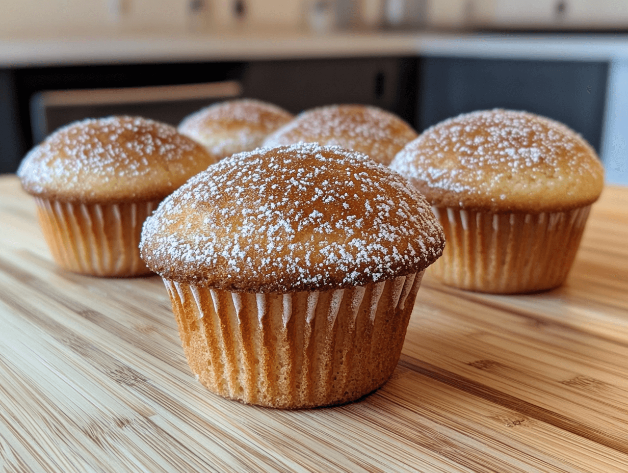 Freshly baked muffins with domed tops on a wooden counter.