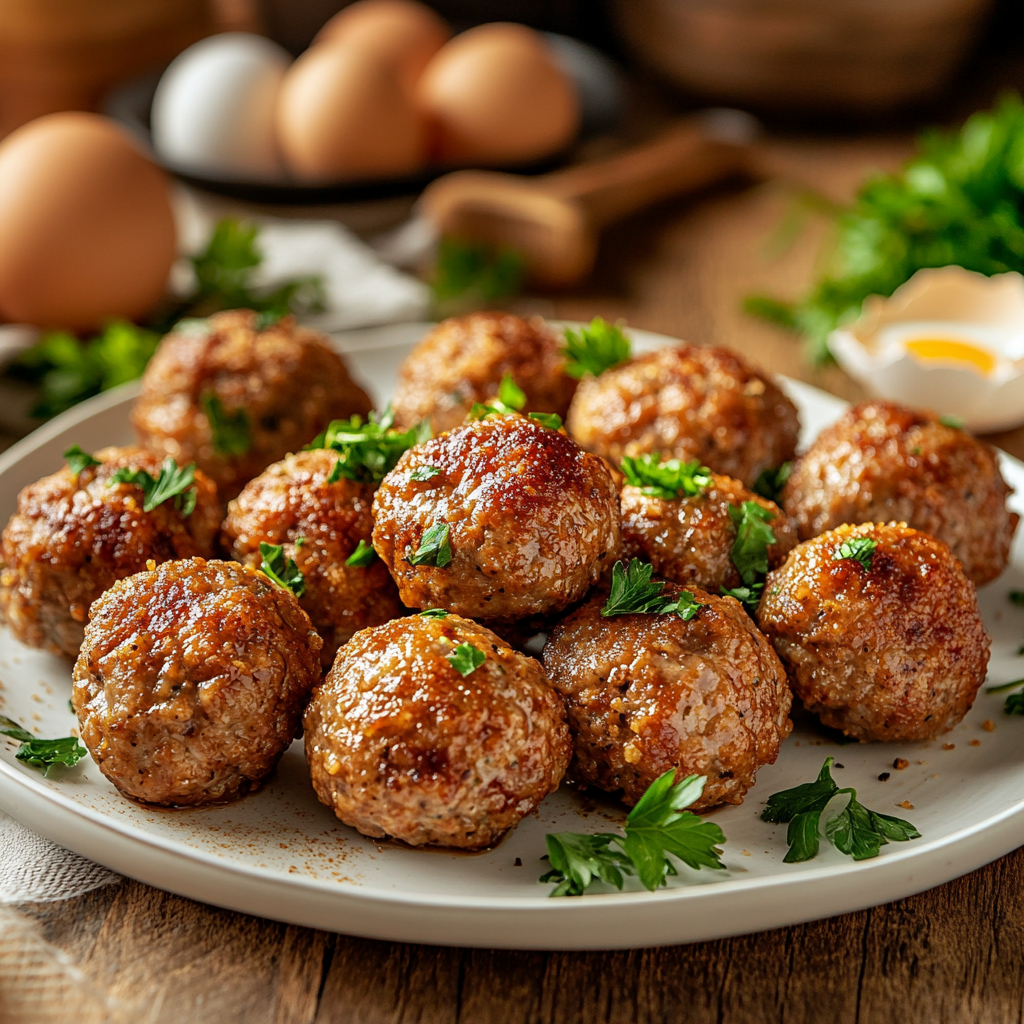 Golden-brown meatballs on a white plate garnished with parsley.