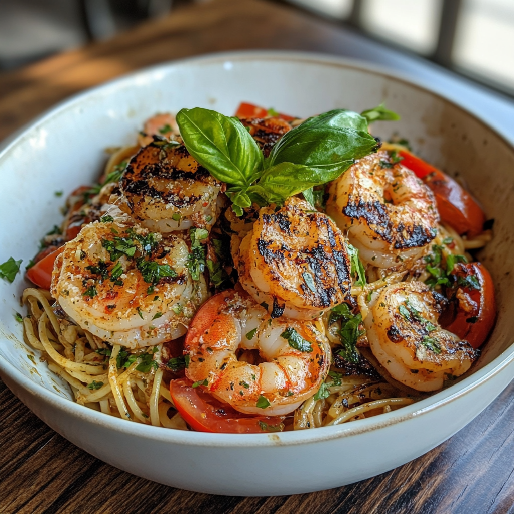 Grilled shrimp pasta next to nutritional information, highlighting its health benefits.