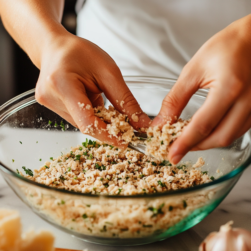 Hands mixing ground chicken and breadcrumbs in a bowl.