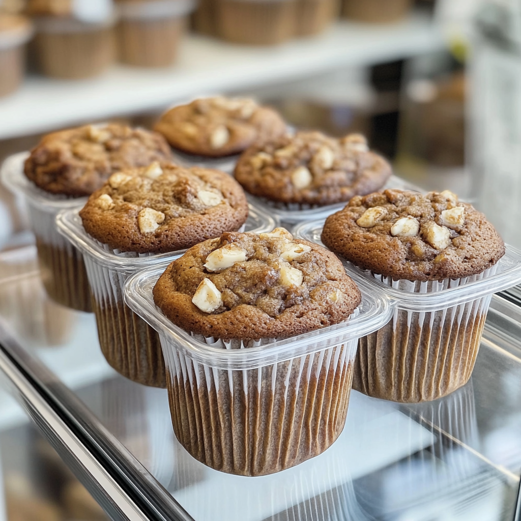 Pistachio muffins stored in an airtight container with plastic wrap and freezer-safe bags nearby.