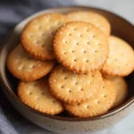 Golden Ritz cookies neatly arranged on a ceramic plate.