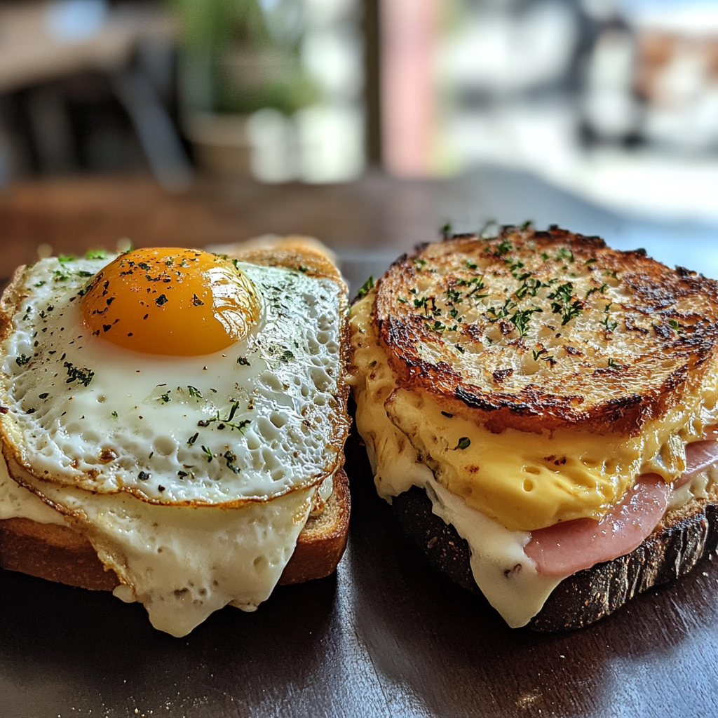 Croque Monsieur vs. Croque Madame sandwiches.
