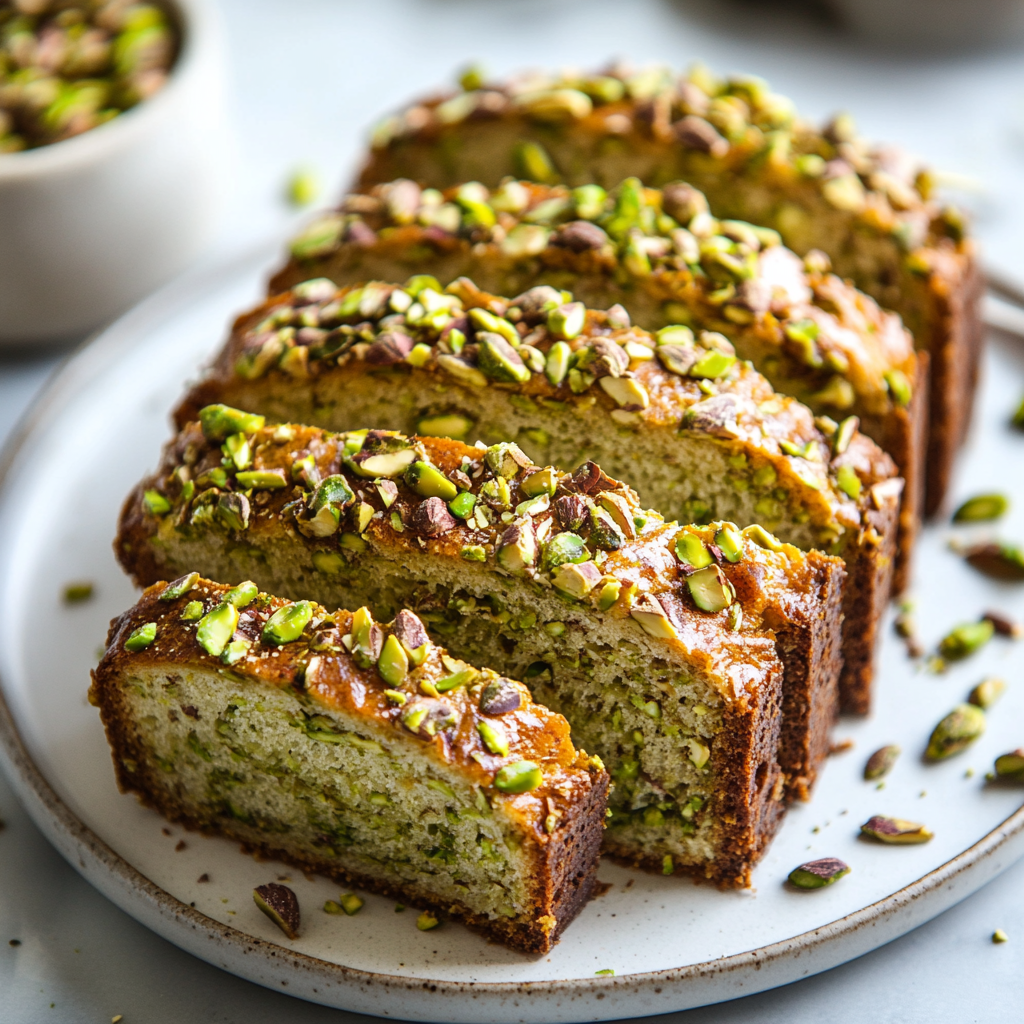 Freshly baked pistachio bread on a wooden cutting board.