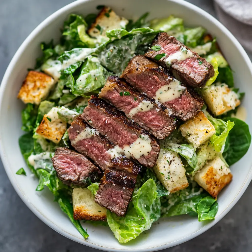 A steak Caesar salad variation with shrimp, avocado, and grilled vegetables.