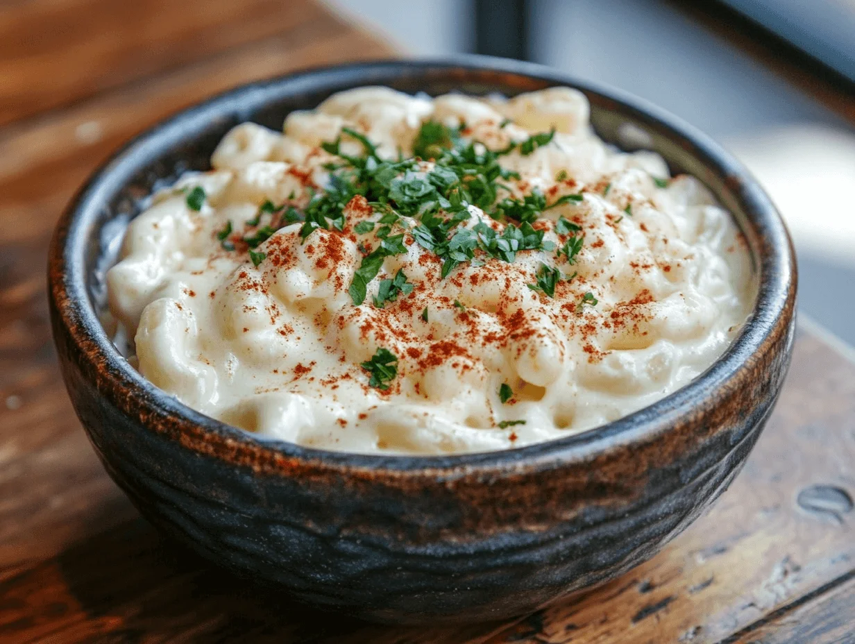 Creamy mac and cheese topped with paprika and parsley in a rustic bowl.