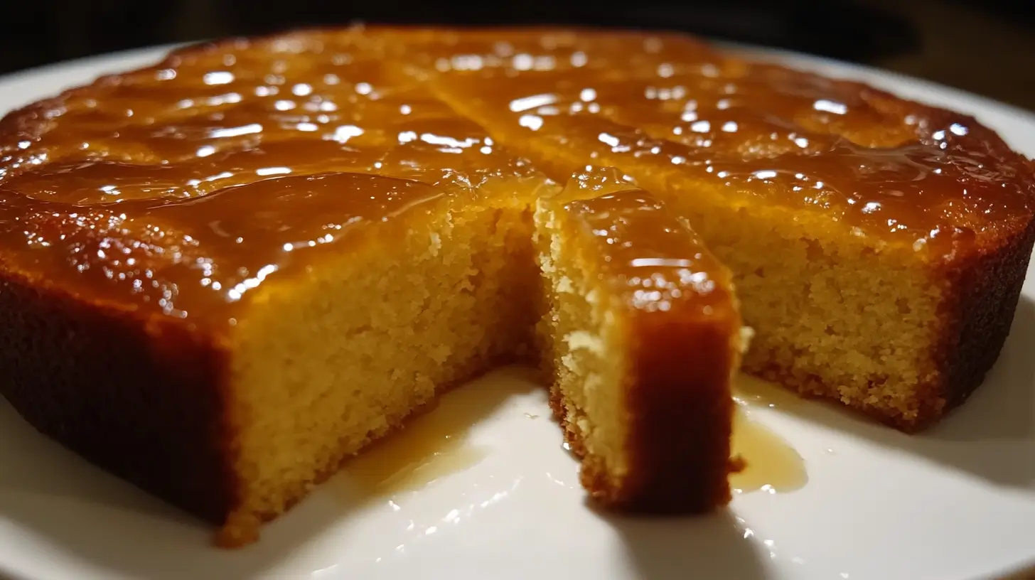 A golden Kentucky butter cake with salted caramel drizzle, served on a plate with a few slices cut.