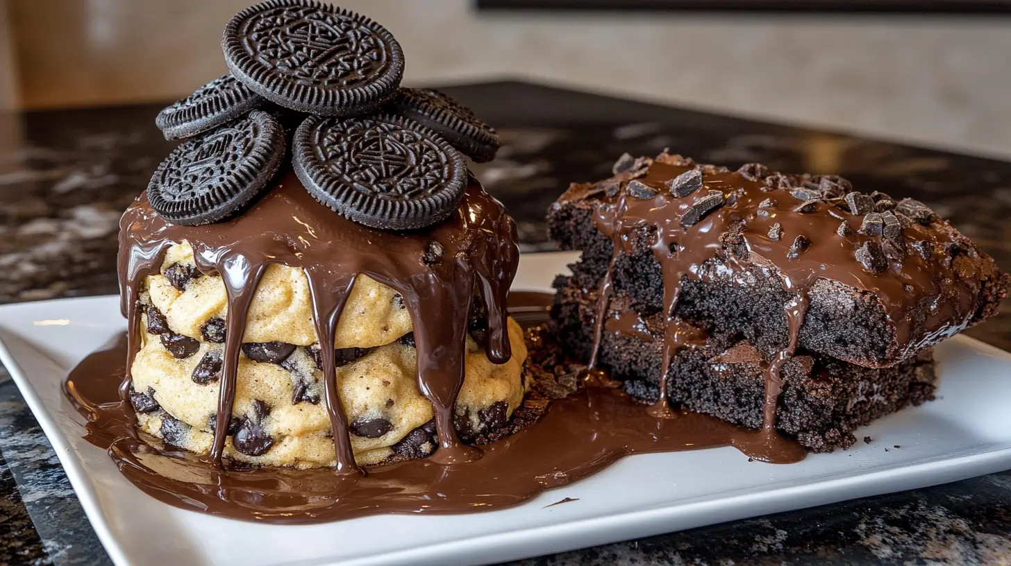 A stack of freshly baked Slutty Brownies showing layers of cookie dough, Oreos, and fudgy brownie batter.