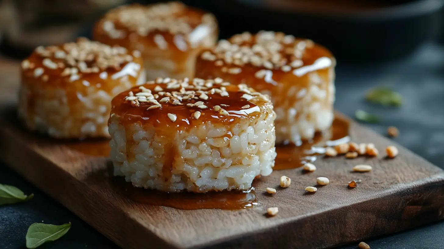 Delicious caramel rice cakes with caramel drizzle, surrounded by ingredients like butter, brown sugar, and rice cakes