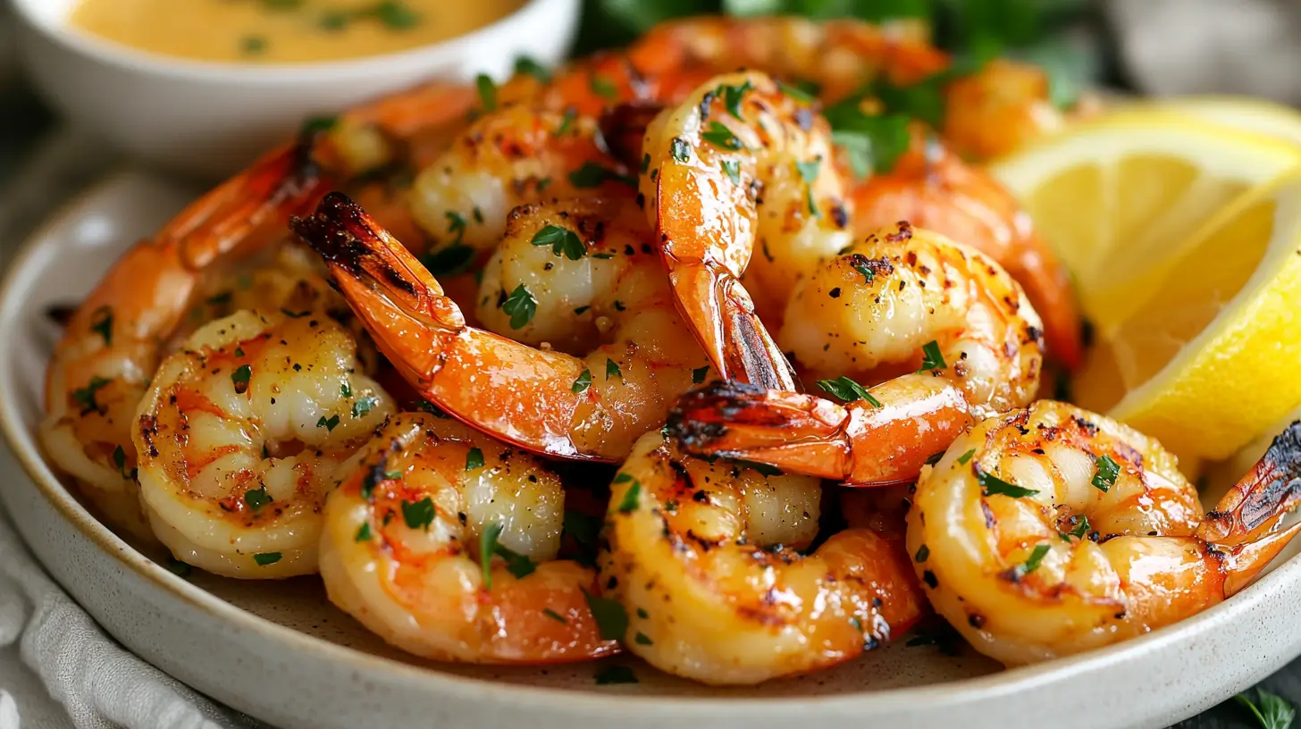 Close-up of Grilled Shrimp Red Lobster style on a white plate, coated in garlic butter sauce, garnished with parsley and lemon wedges, with a small bowl of butter sauce on the side.