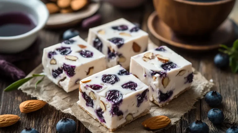 Close-up of homemade blueberry nougat, cut into squares, showcasing dried blueberries and nuts inside. Presented on a wooden surface with a cup of tea in the background.