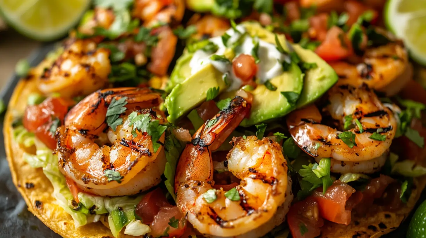 Crispy grilled shrimp tostadas with avocado, tomatoes, lettuce, and chipotle crema, garnished with fresh lime wedges.