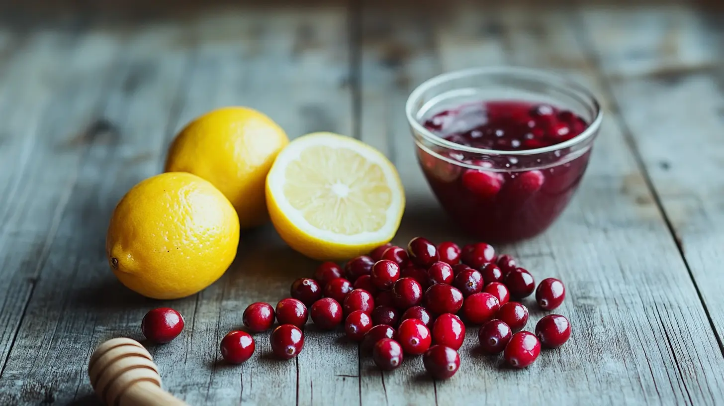 A glass of homemade cranberry juice served over ice with a lemon slice garnish.