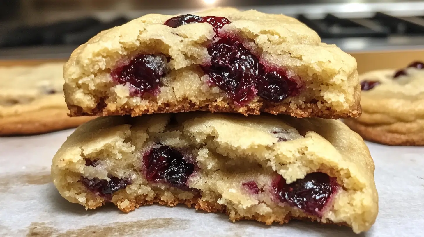A stack of golden, appetizing cranberry cookies with a soft and chewy texture.