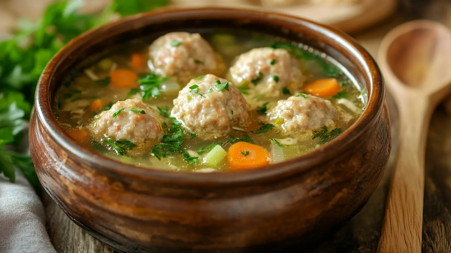A bowl of Chicken Meatball Soup with meatballs, carrots, and broth, garnished with parsley and Parmesan.