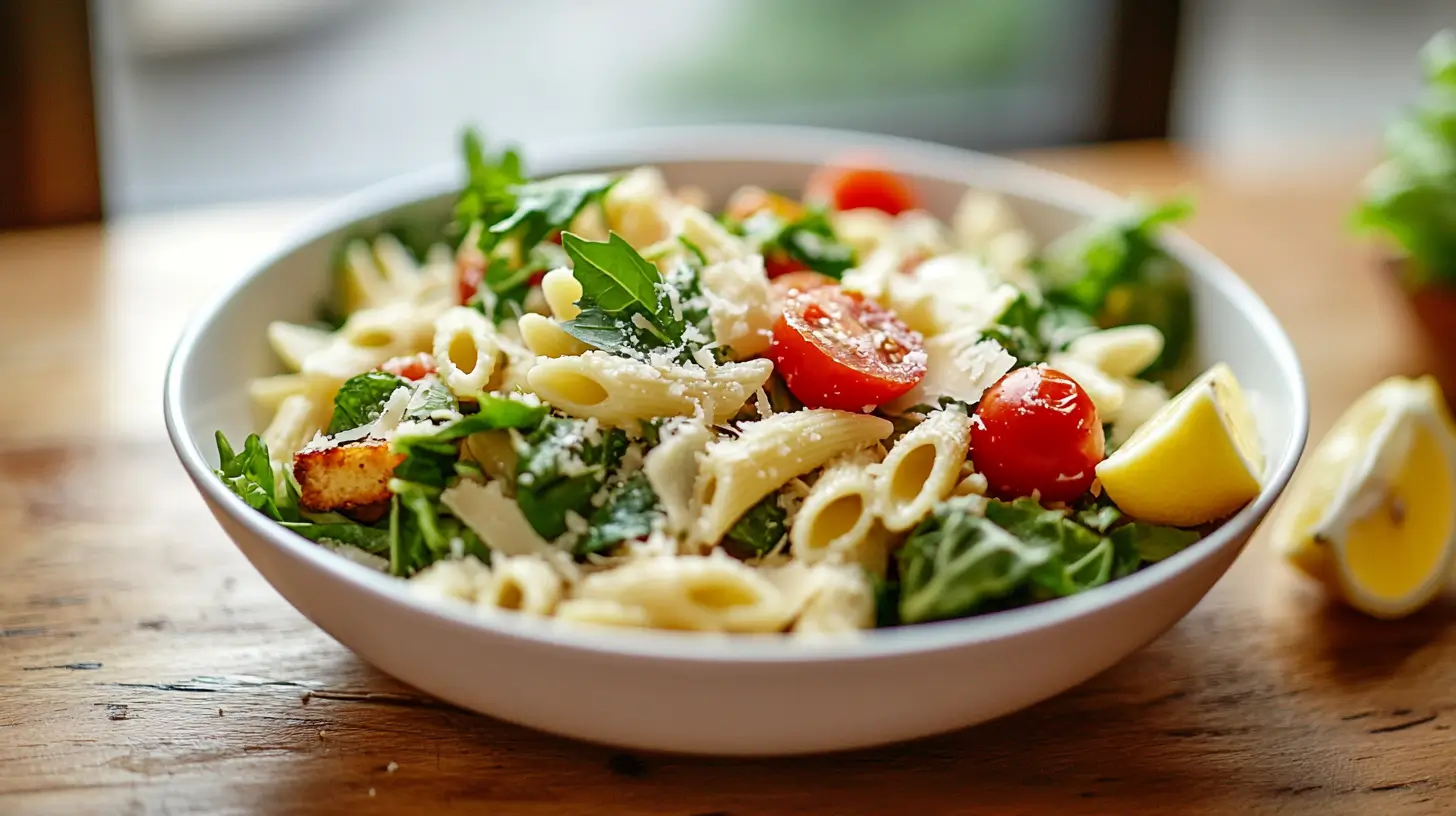 Ingredients for Caesar pasta salad arranged on a wooden surface, featuring pasta, romaine lettuce, cherry tomatoes, Parmesan, and croutons.