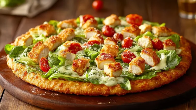 A crispy Chicken Crust Caesar Salad Pizza topped with fresh romaine, Caesar dressing, and Parmesan.