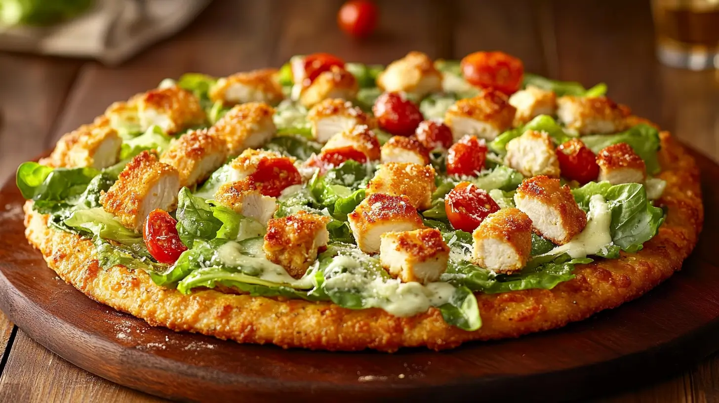 A crispy Chicken Crust Caesar Salad Pizza topped with fresh romaine, Caesar dressing, and Parmesan.