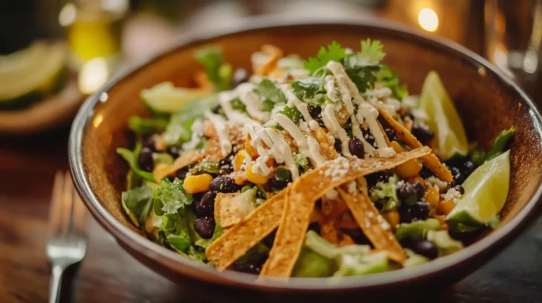 A bowl of Mexican Caesar Salad topped with tortilla strips, Cotija cheese, and creamy chipotle dressing, served with lime wedges.