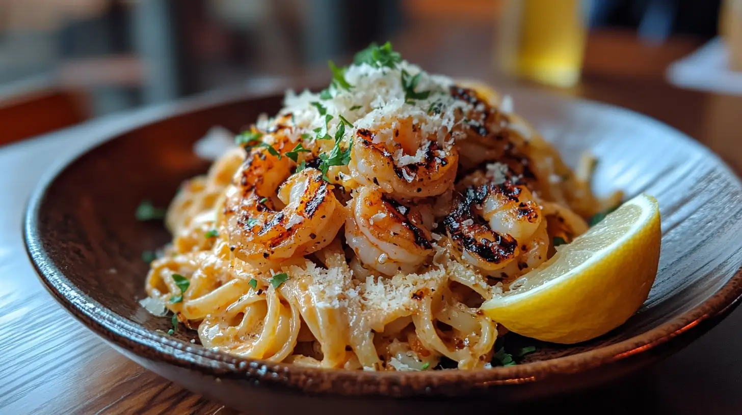 A plate of grilled shrimp pasta with garlic butter sauce, topped with Parmesan and fresh parsley, served with a lemon wedge.