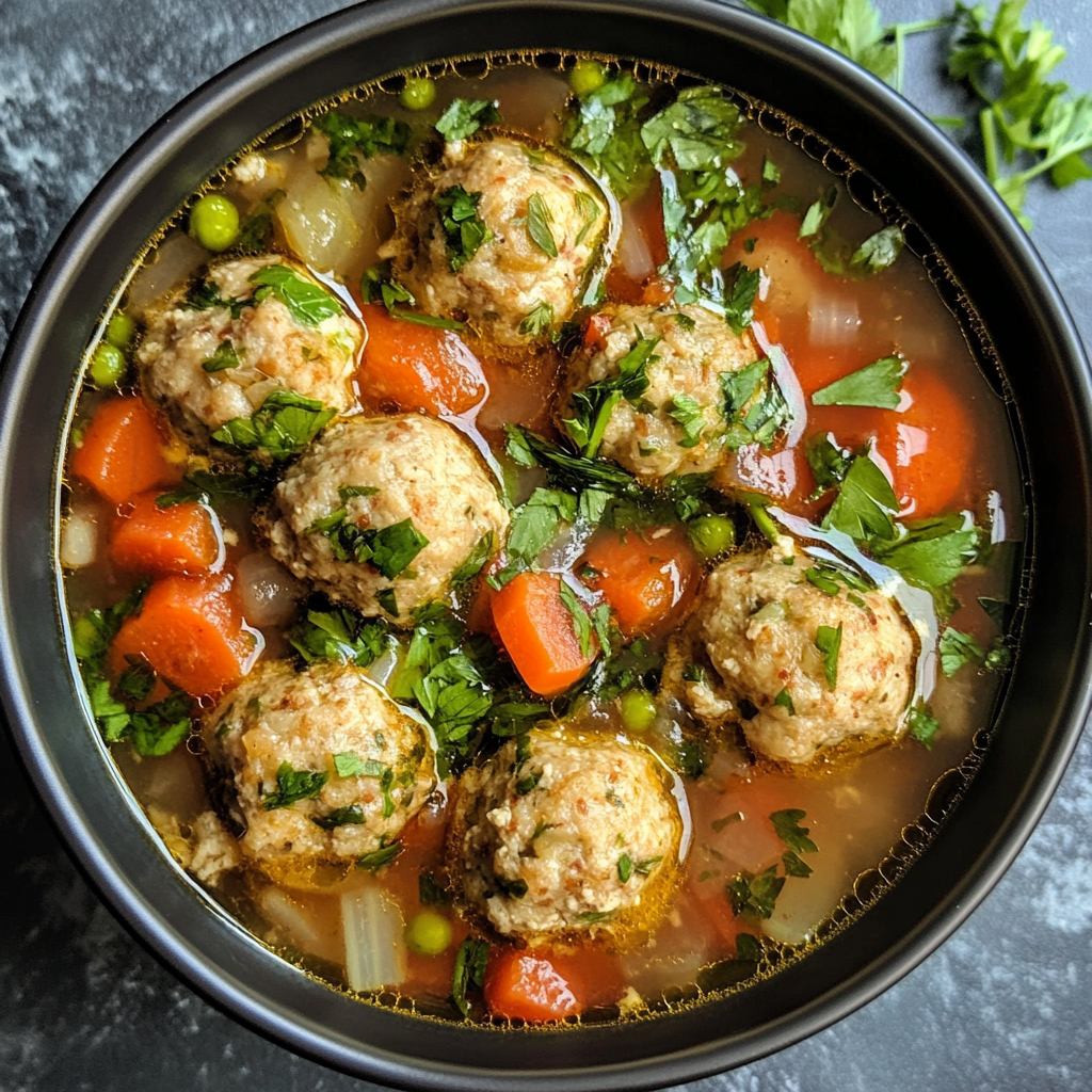 Chicken meatball soup with golden meatballs, carrots, spinach, and parsley in a clear broth on a rustic table.