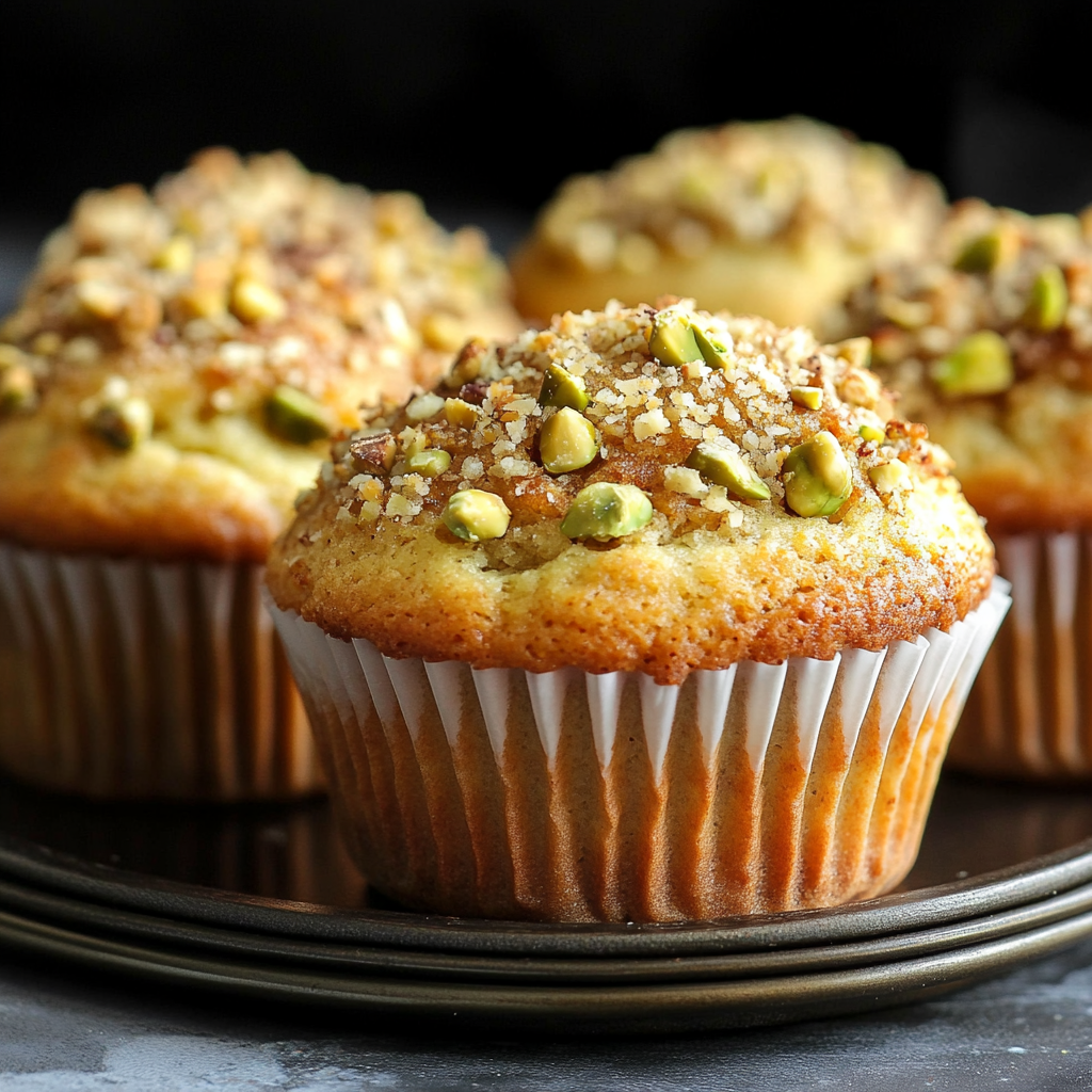 A batch of freshly baked pistachio muffins topped with chopped pistachios on a rustic table.