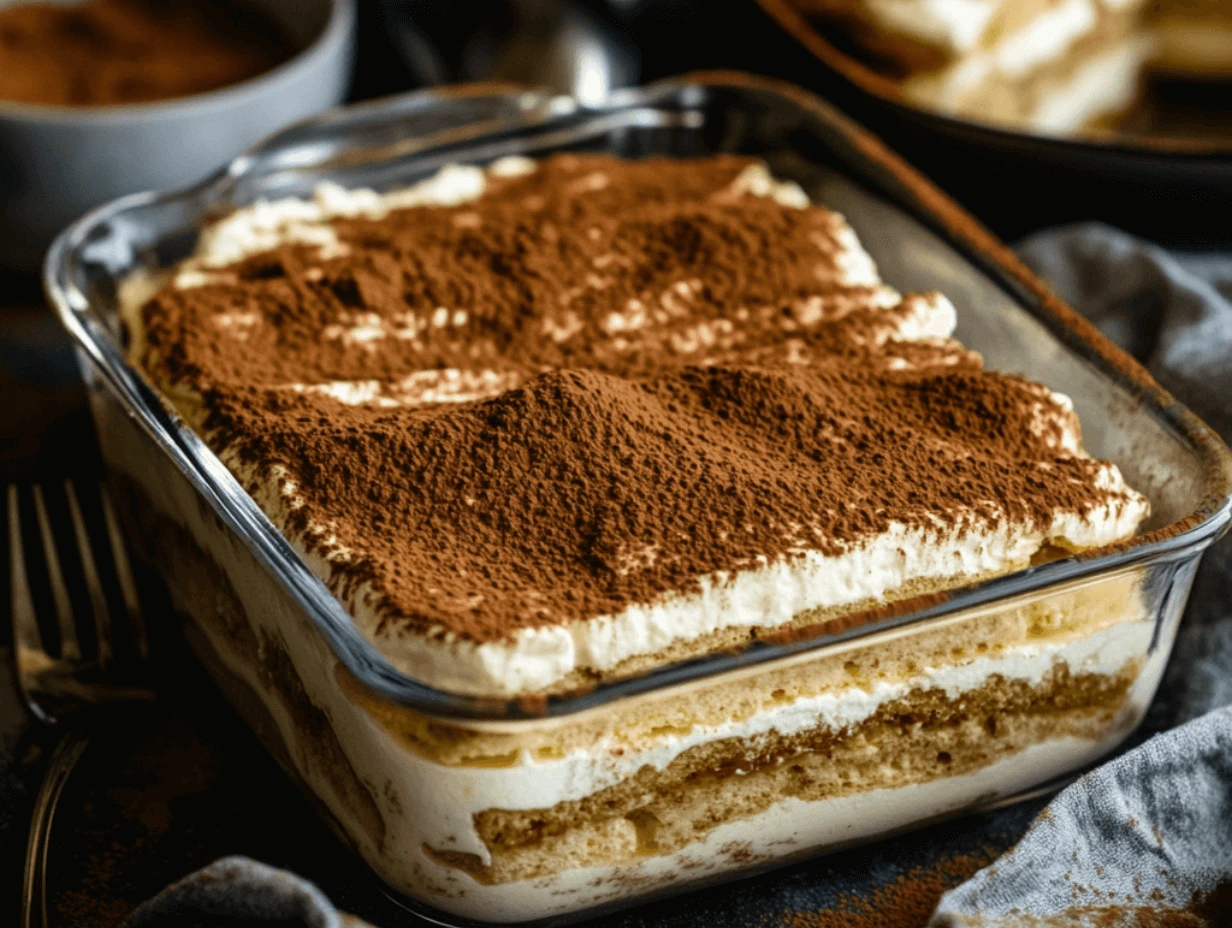 A classic tiramisu served in a glass dish with cocoa dusting.
