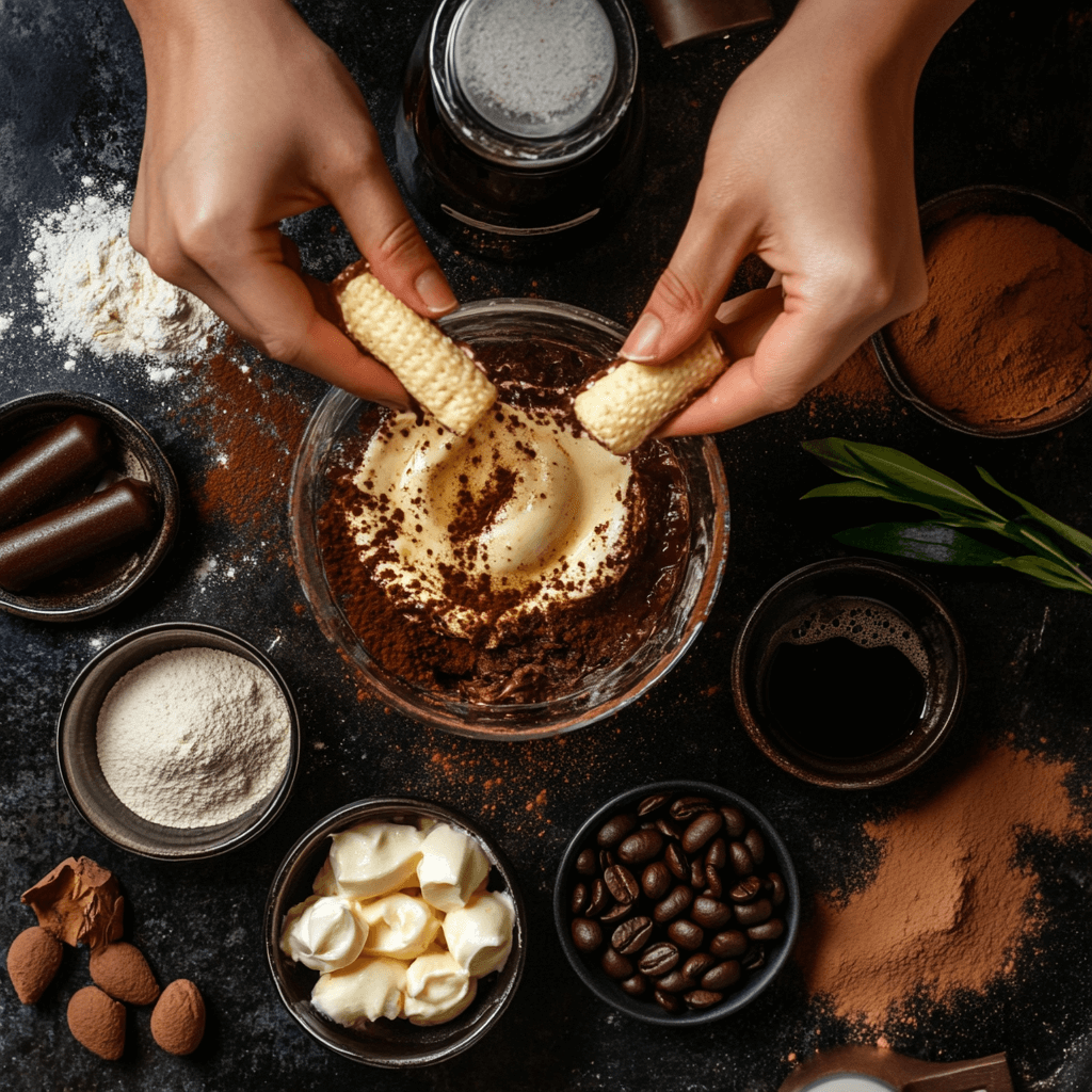 A chef preparing tiramisu by soaking ladyfingers in a coffee and liqueur mixture